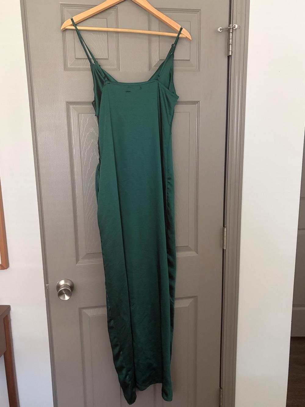 Emerald Satin Cowl Neck High-Slit Evening Dress - Picture 6 of 6